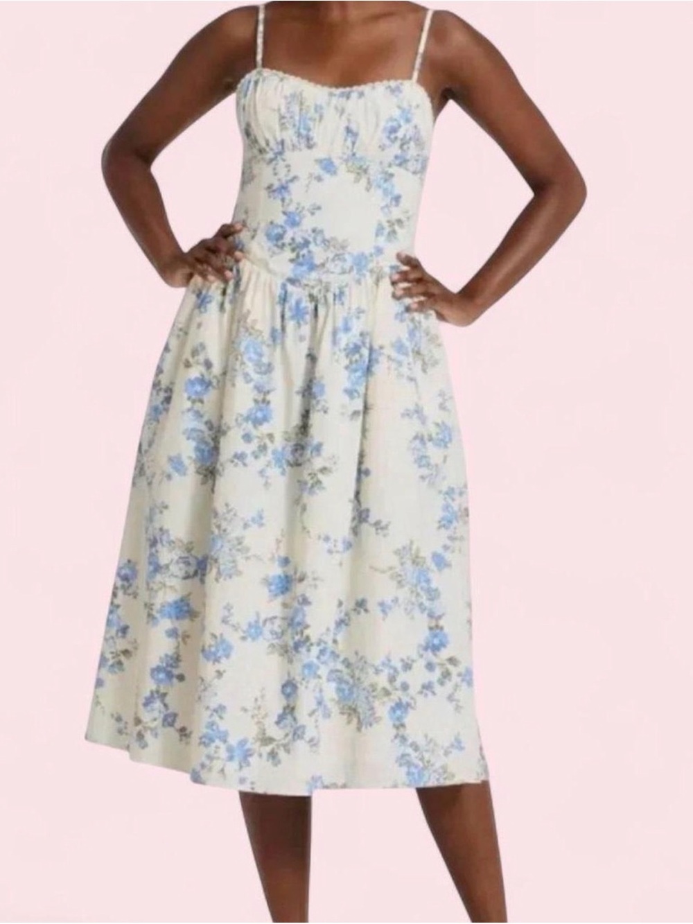 Floral Spaghetti-Strap Midi Dress in white and Blue